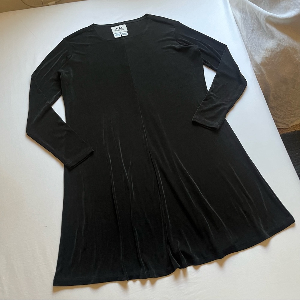 FLAX black knit crew neck long sleeve acetate Lycra midi dress